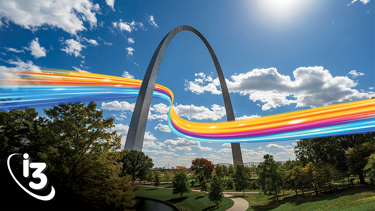 St. Louis Arch with i3 Fiber swoosh on a sunny day.
