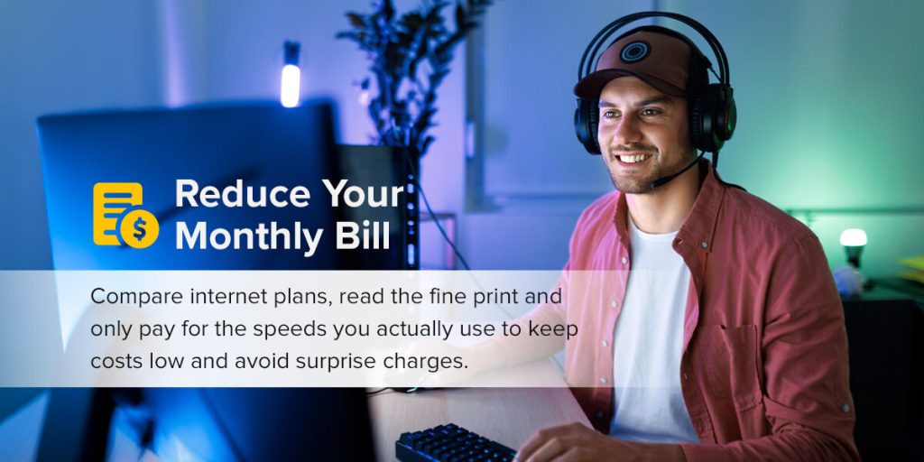 man smiling, sitting in front of computer monitors wearing a headset with text explaining how to reduce your monthly bill 